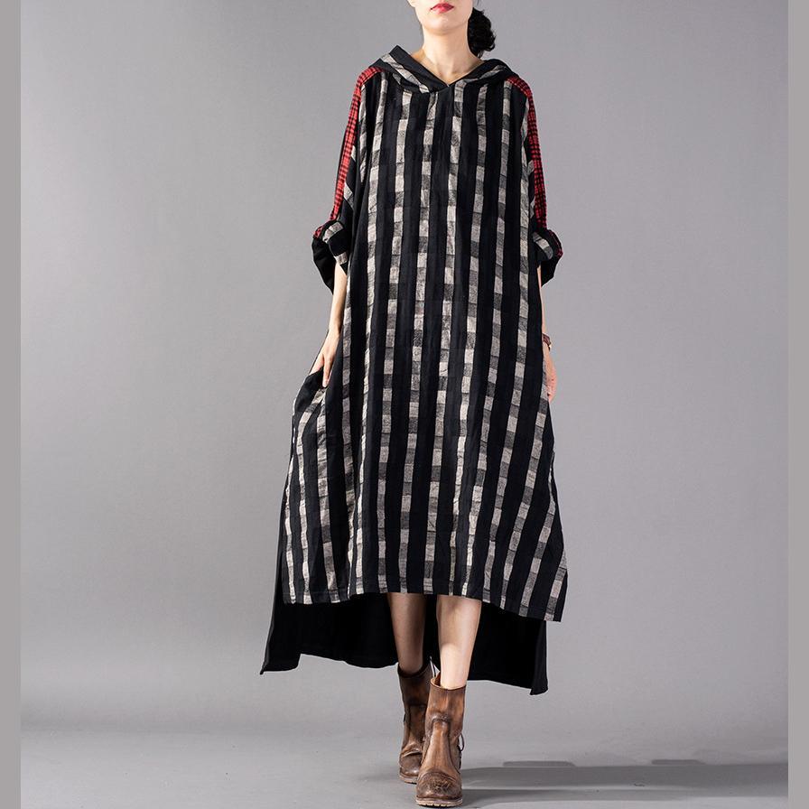 Classy hooded patchwork cotton linen clothes Fine Photography black print Vestidos De Lino Dress spring - Omychic