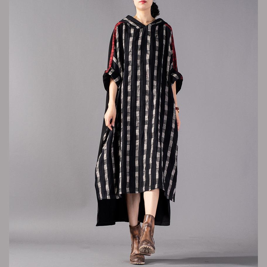 Classy hooded patchwork cotton linen clothes Fine Photography black print Vestidos De Lino Dress spring - Omychic