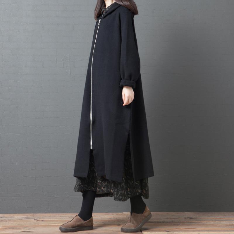 Classy hooded zippered Plus Size coats women black long jackets - Omychic