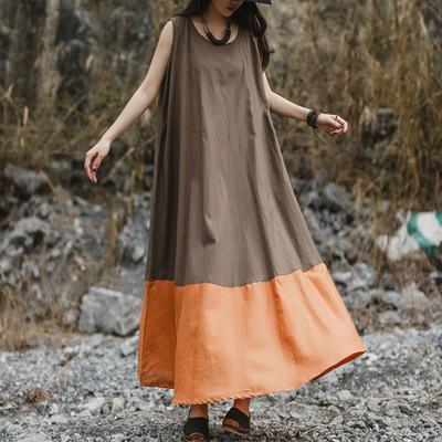 Classy khaki linen dress Metropolitan Museum Women Vintage Solid Color Casual Sleeveless Dress - Omychic