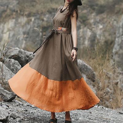 Classy khaki linen dress Metropolitan Museum Women Vintage Solid Color Casual Sleeveless Dress - Omychic