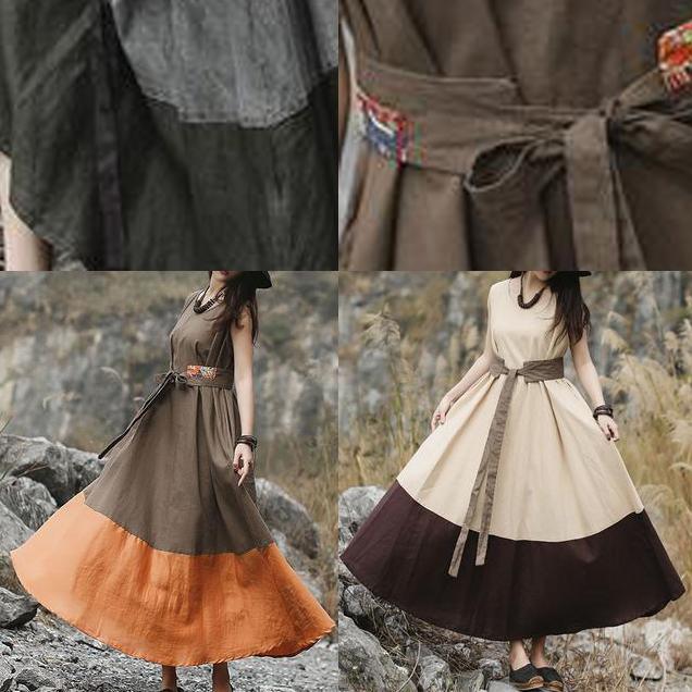 Classy khaki linen dress Metropolitan Museum Women Vintage Solid Color Casual Sleeveless Dress - Omychic