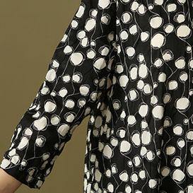Classy lapel Button Down cotton linen dresses design black dotted Dress summer - Omychic