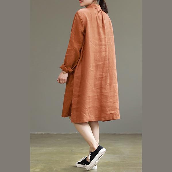 Classy lapel Large pockets cotton Tunics Casual Outfits orange daily Dress spring - Omychic