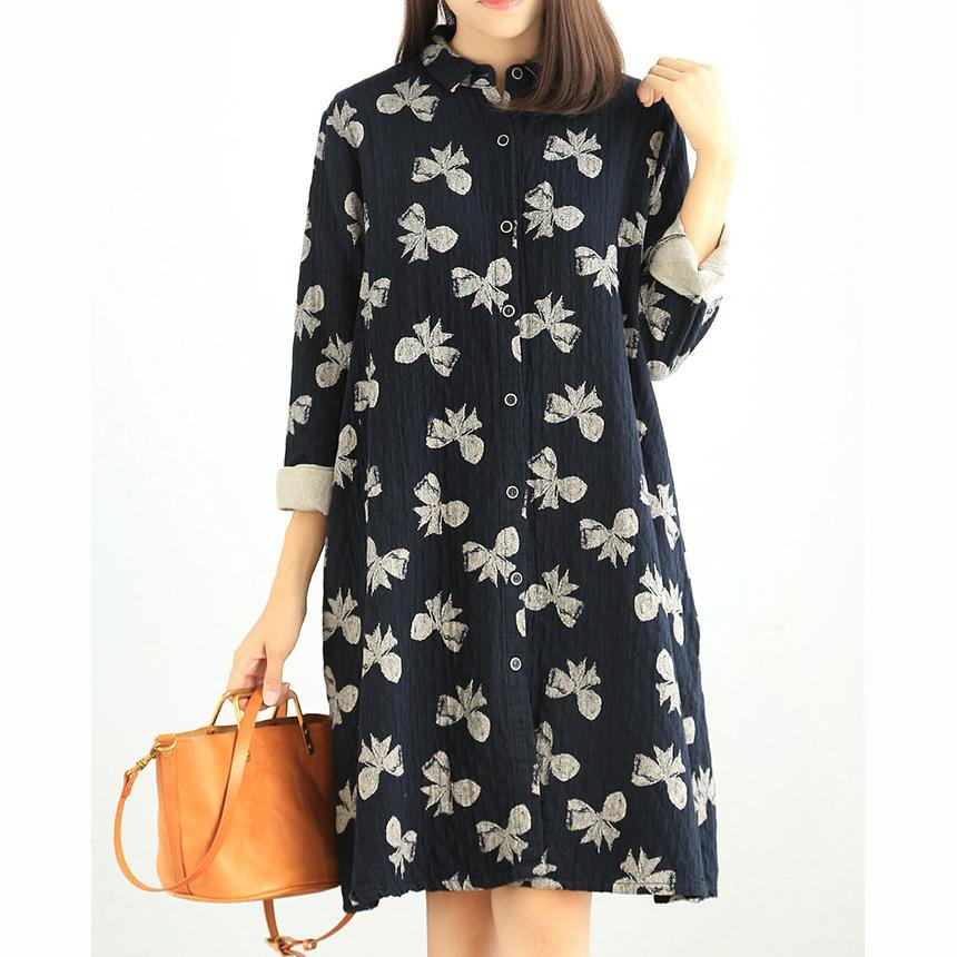 Classy lapel collar linen fall dresses Wardrobes floral Dress - Omychic