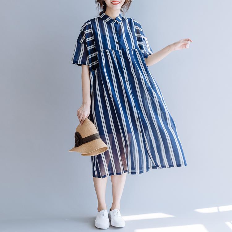 Classy lapel patchwork linen clothes Photography blue striped Dresses summer - Omychic