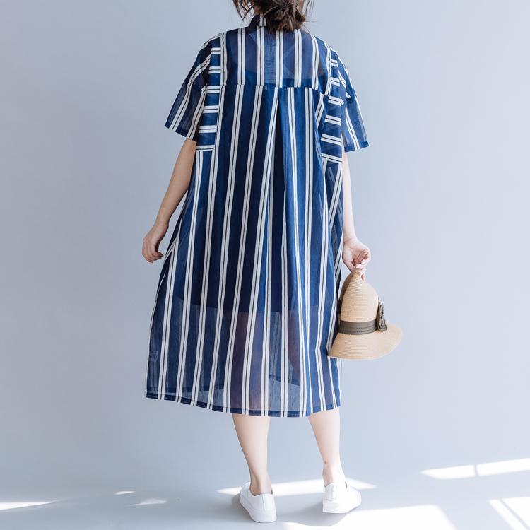 Classy lapel patchwork linen clothes Photography blue striped Dresses summer - Omychic