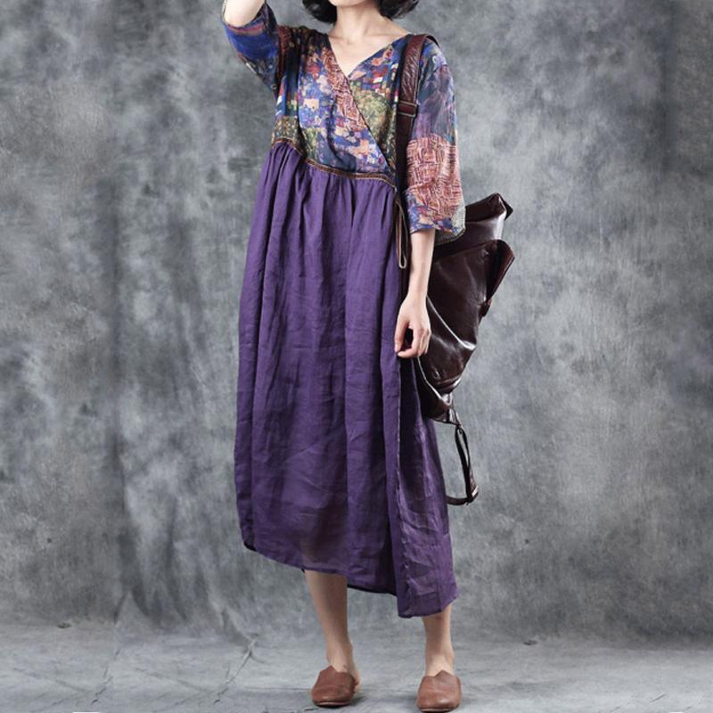 Classy linen Print V-Neck dress Metropolitan Museum RamieDrawstring Pockets Purple Loose Dress - Omychic