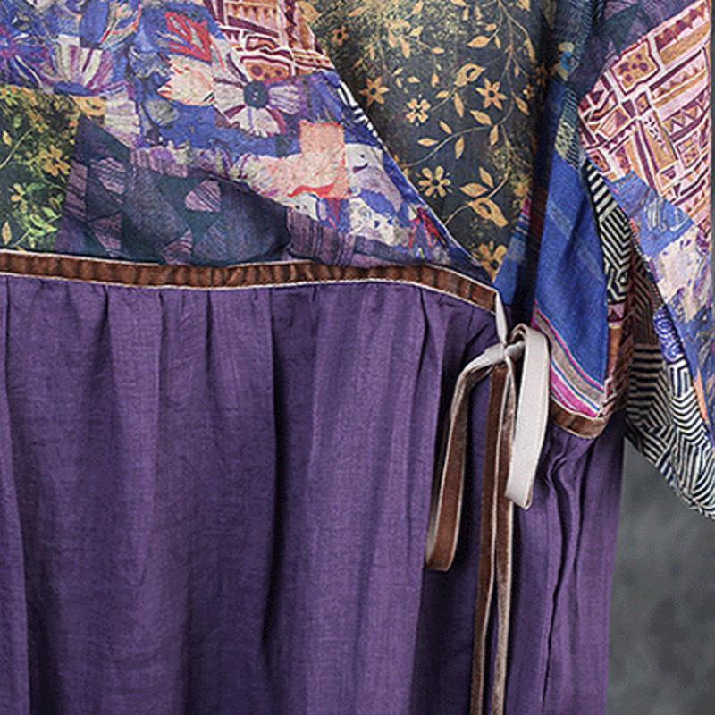 Classy linen Print V-Neck dress Metropolitan Museum RamieDrawstring Pockets Purple Loose Dress - Omychic
