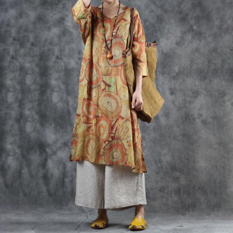 Classy linen clothes For Women Omychic V-Neck Printed Split Soft Comfortable Dress - Omychic