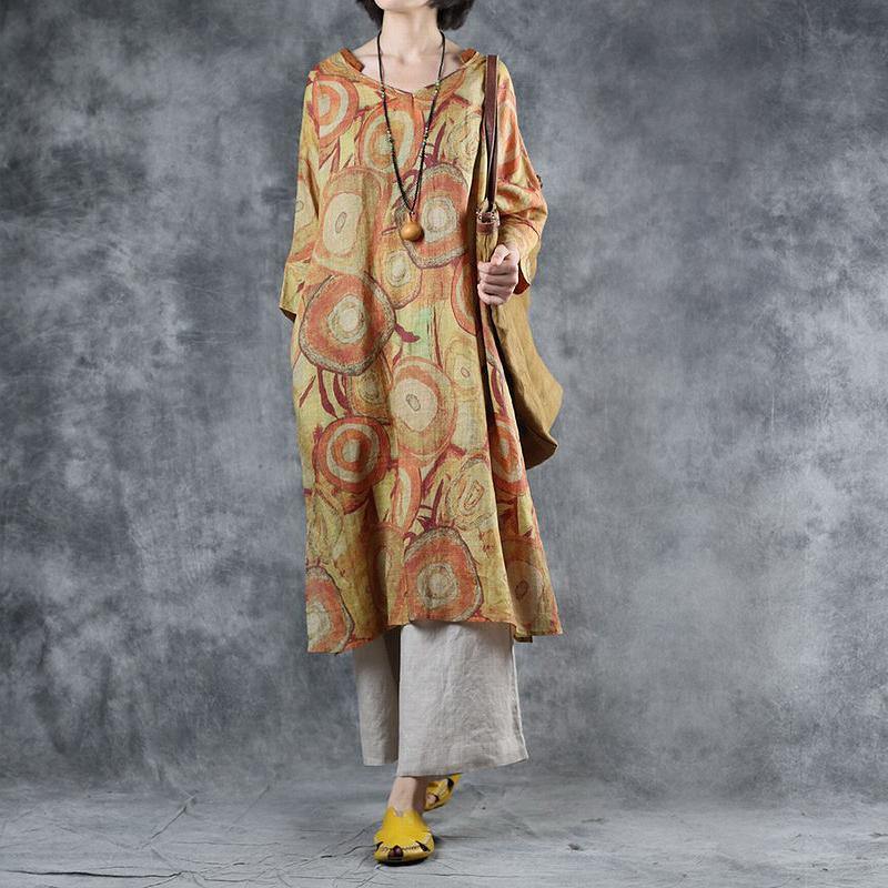 Classy linen clothes For Women Omychic V-Neck Printed Split Soft Comfortable Dress - Omychic