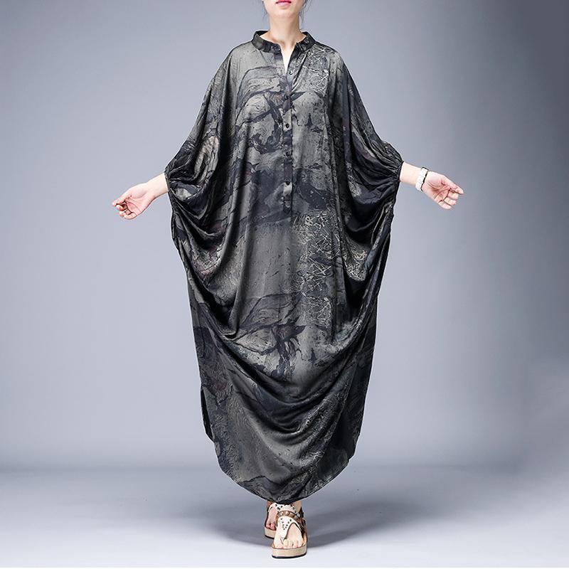 Classy linen clothes Vintage Gray Print Irregular Stand Collar Vintage Dress - Omychic