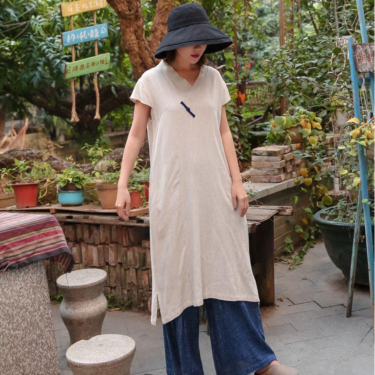 Classy nude cotton linen quilting clothes v neck side open Chinese Button A Line summer Dresses - Omychic