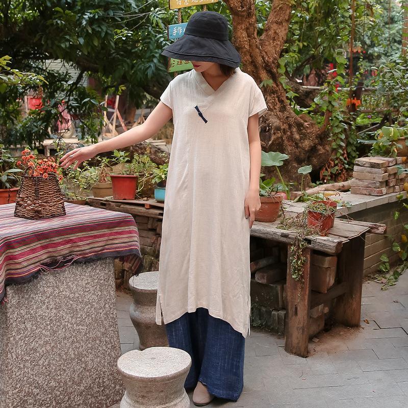 Classy nude cotton linen quilting clothes v neck side open Chinese Button A Line summer Dresses - Omychic