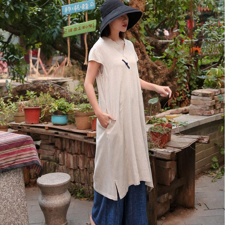 Classy nude cotton linen quilting clothes v neck side open Chinese Button A Line summer Dresses - Omychic