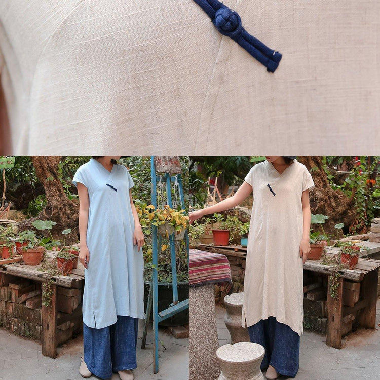 Classy nude cotton linen quilting clothes v neck side open Chinese Button A Line summer Dresses - Omychic