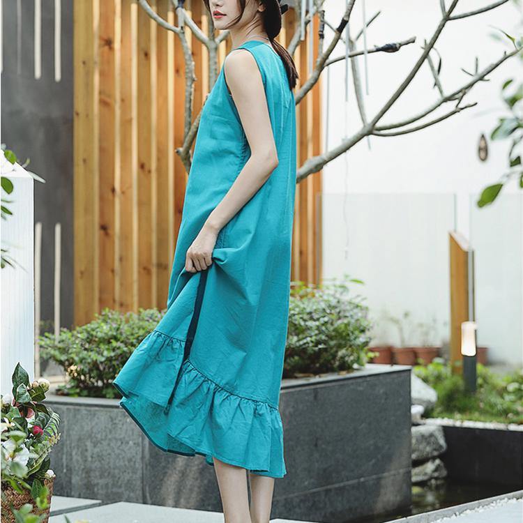 Classy o neck Sleeveless linen dress plus size Shape green long Dress summer - Omychic