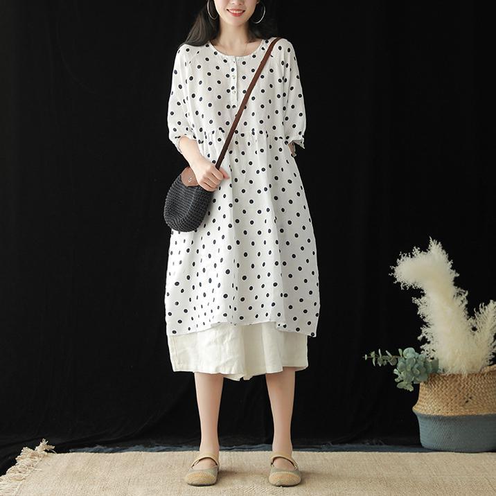 Classy o neck half sleeve linen Robes Shape white dotted Dresses summer - Omychic