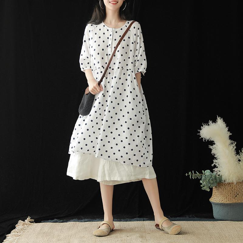 Classy o neck half sleeve linen Robes Shape white dotted Dresses summer - Omychic