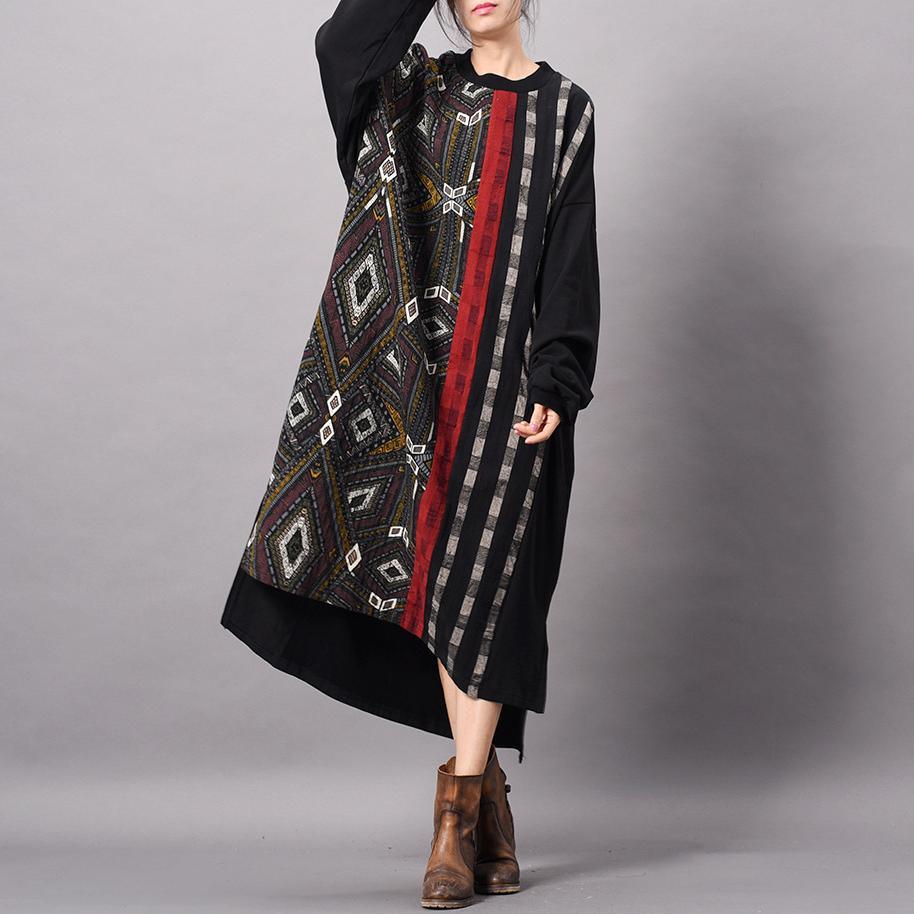 Classy o neck patchwork cotton Tunic Organic Work Outfits black print long Dresses spring - Omychic