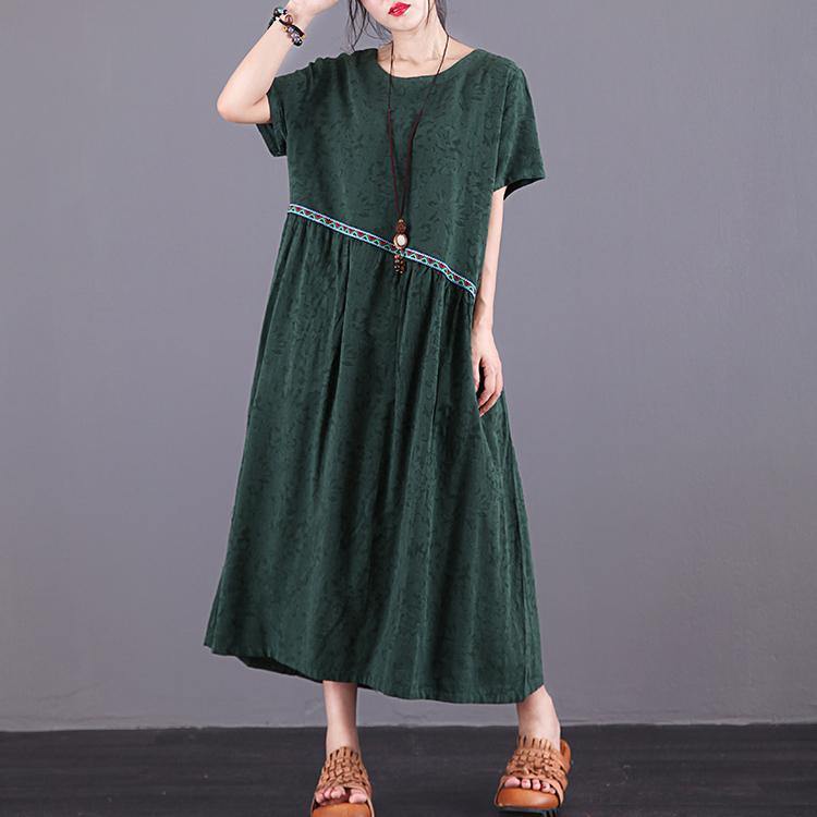 Classy o neck patchwork cotton linen clothes For Women design green Jacquard Dresses summer - Omychic
