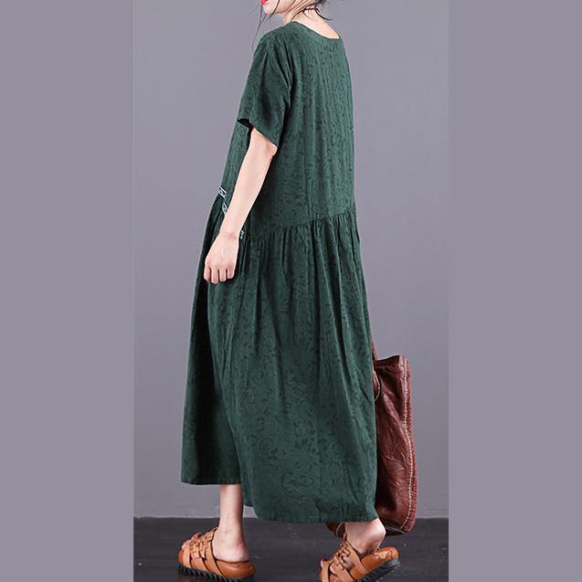 Classy o neck patchwork cotton linen clothes For Women design green Jacquard Dresses summer - Omychic