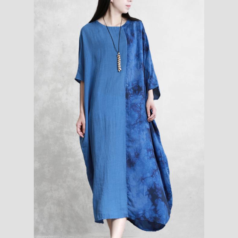 Classy o neck patchwork linen dresses design blue Dresses summer - Omychic