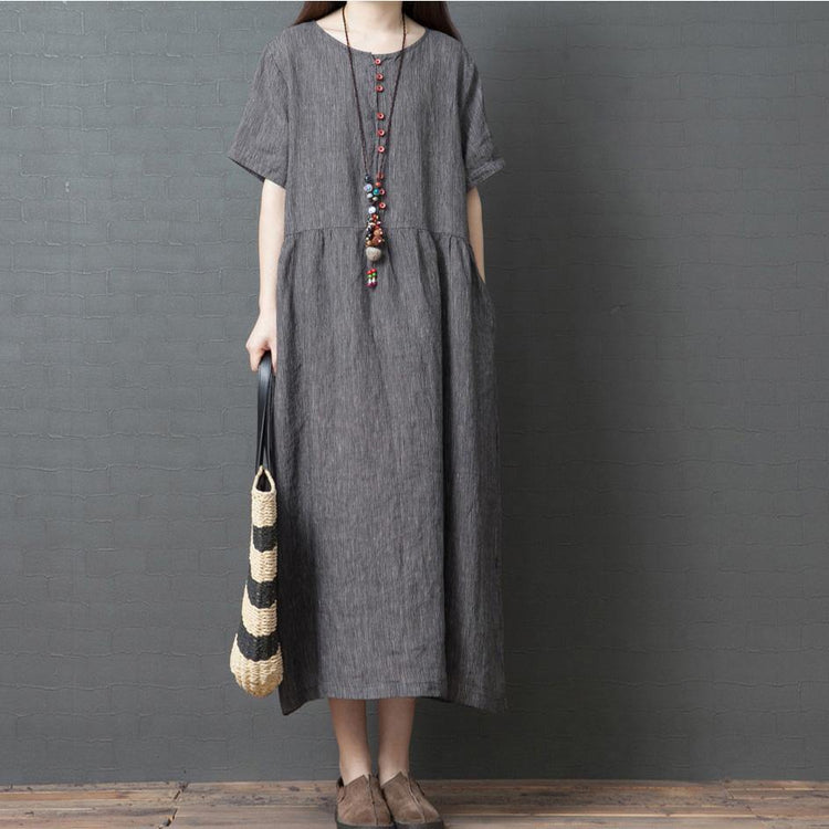 Classy o neck pockets linen Robes Neckline gray striped Dress summer - Omychic