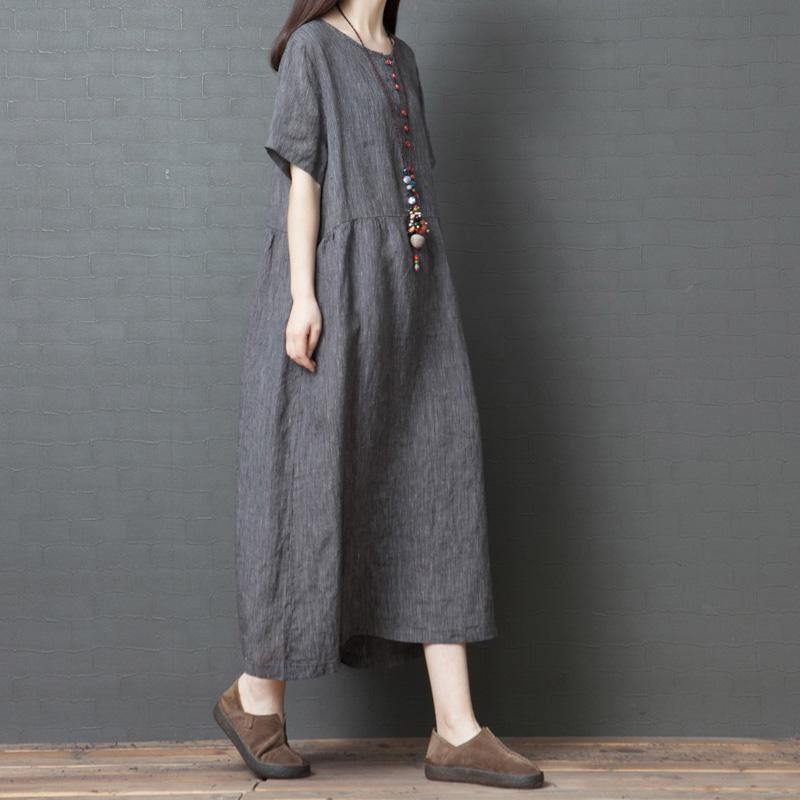 Classy o neck pockets linen Robes Neckline gray striped Dress summer - Omychic