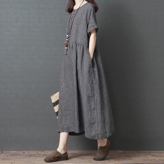 Classy o neck pockets linen Robes Neckline gray striped Dress summer - Omychic