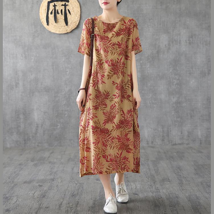 Classy o neck short sleeve linen dresses design khaki print Dress - Omychic
