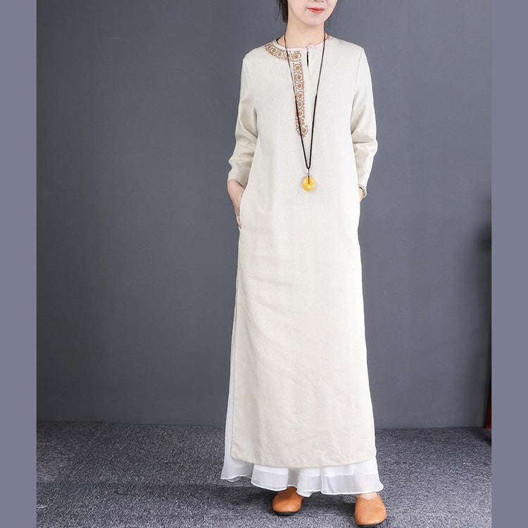 Classy o neck side open linen dress Fine pattern beige linen robes Dresses - Omychic