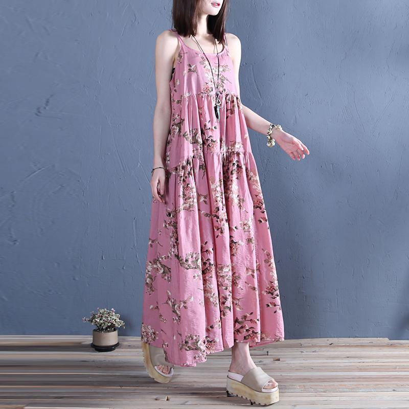 Classy pink print cotton outfit Spaghetti Strap wrinkled Robe summer Dress - Omychic