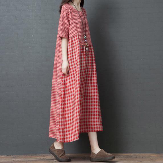 Classy pockets patchwork cotton tunic pattern Work Outfits red Plaid cotton robes Dresses summer - Omychic