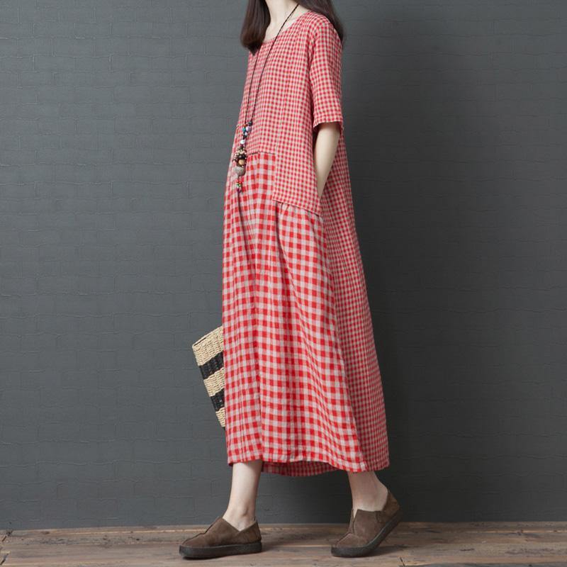 Classy pockets patchwork cotton tunic pattern Work Outfits red Plaid cotton robes Dresses summer - Omychic