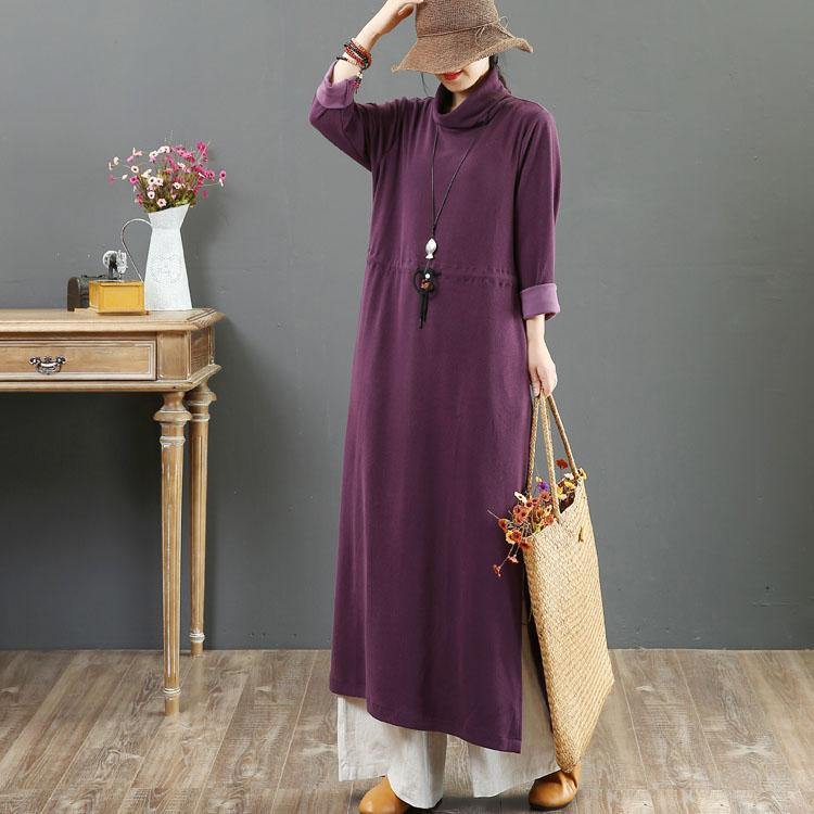 Classy purple cotton clothes For Women high neck elastic waist A Line fall Dress - Omychic