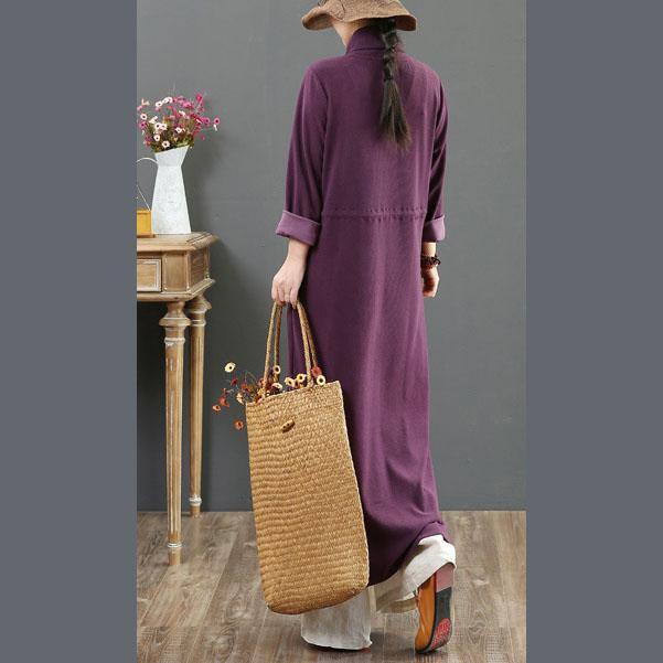 Classy purple cotton clothes For Women high neck elastic waist A Line fall Dress - Omychic