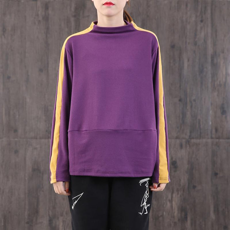 Classy purple cotton tops women high neck patchwork Midi top - Omychic
