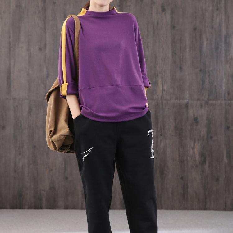 Classy purple cotton tops women high neck patchwork Midi top - Omychic