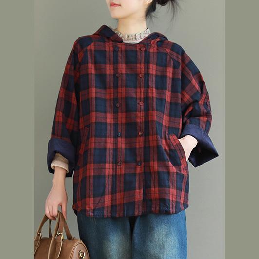 Classy red Plaid cotton linen clothes For Women stylish Shirts hooded double breast Knee top - Omychic