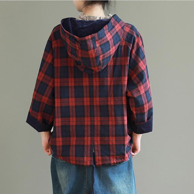 Classy red Plaid cotton linen clothes For Women stylish Shirts hooded double breast Knee top - Omychic