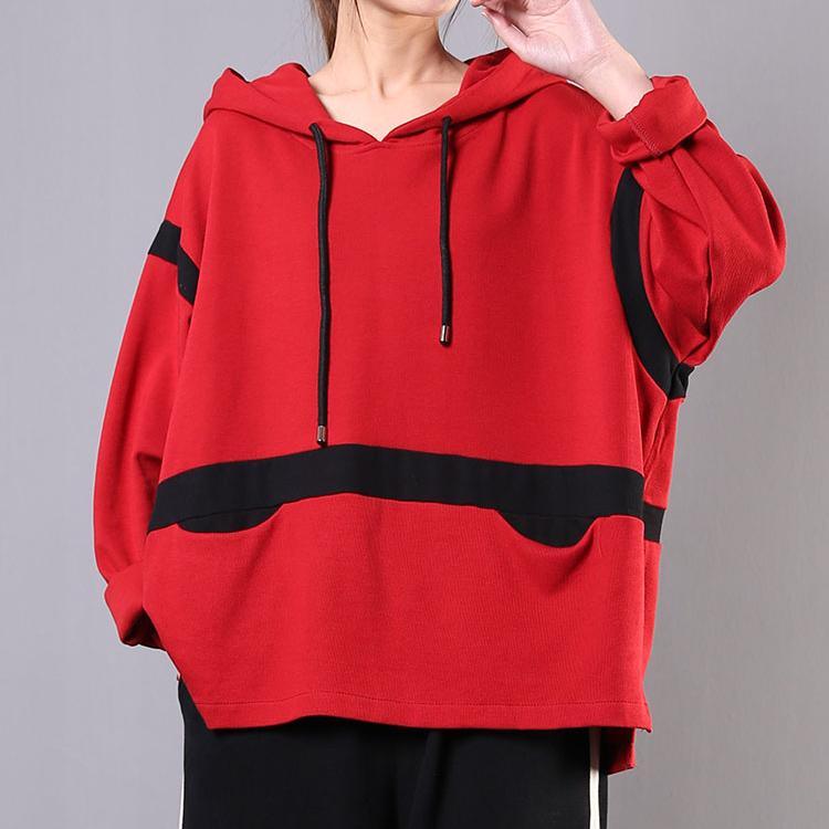 Classy red cotton blouses for women patchwork hooded silhouette shirt - Omychic
