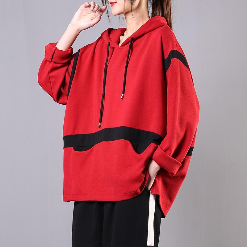 Classy red cotton blouses for women patchwork hooded silhouette shirt - Omychic