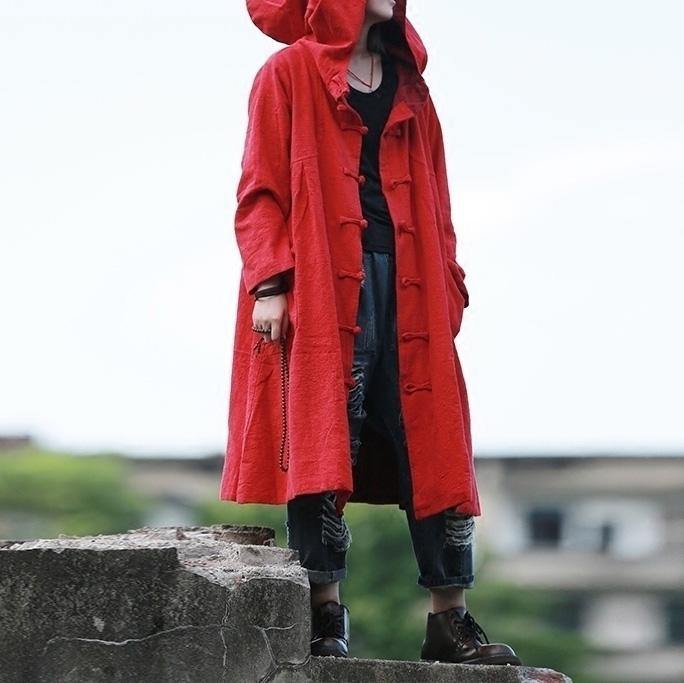 Classy red hooded Fashion tunic coats Outfits Chinese Button fall jackets - Omychic