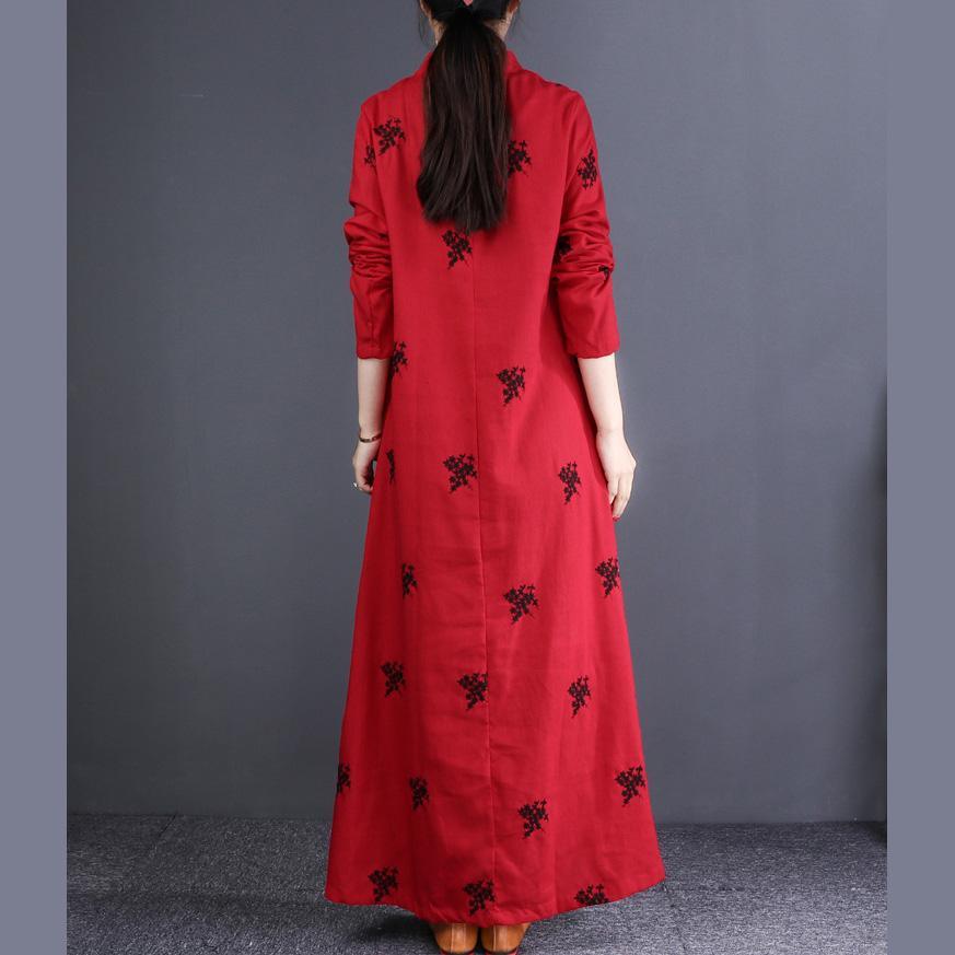 Classy red print cotton clothes Fitted Runway stand collar Chinese Button Maxi Dress - Omychic