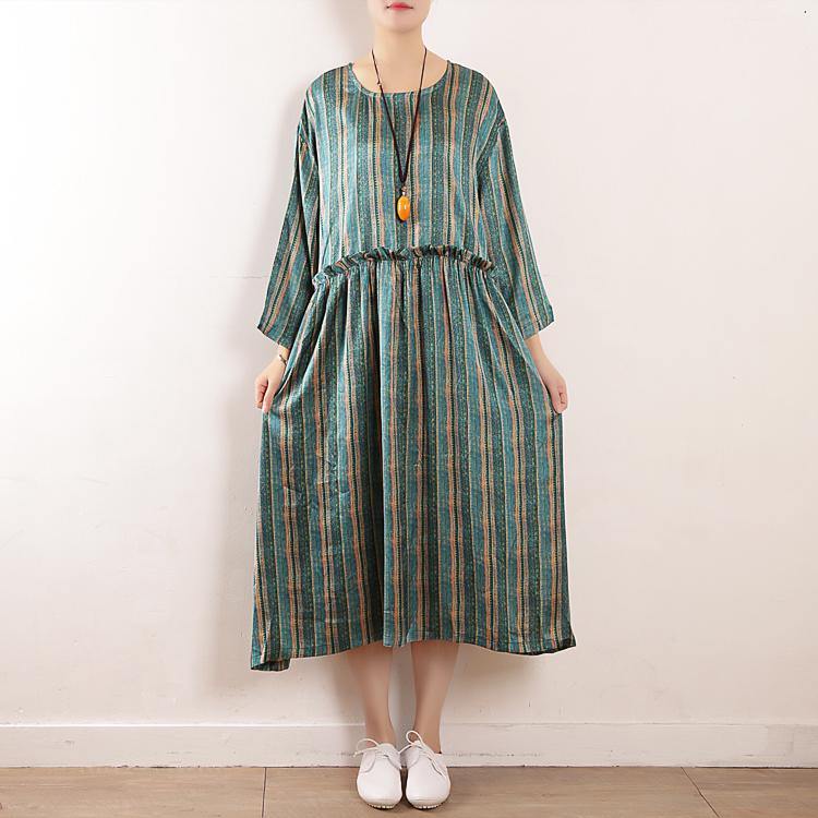 Classy ruffles chiffon quilting clothes Outfits green striped Dresses fall - Omychic