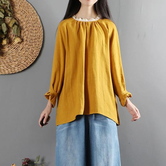 Classy ruffles o neck linen long sleeve tunics for women Outfits yellow shirts - Omychic