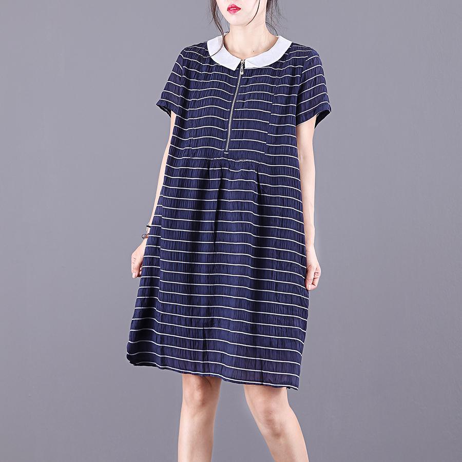 Classy short sleeve wrinkled outfit blue striped Dress patchwork summer - Omychic
