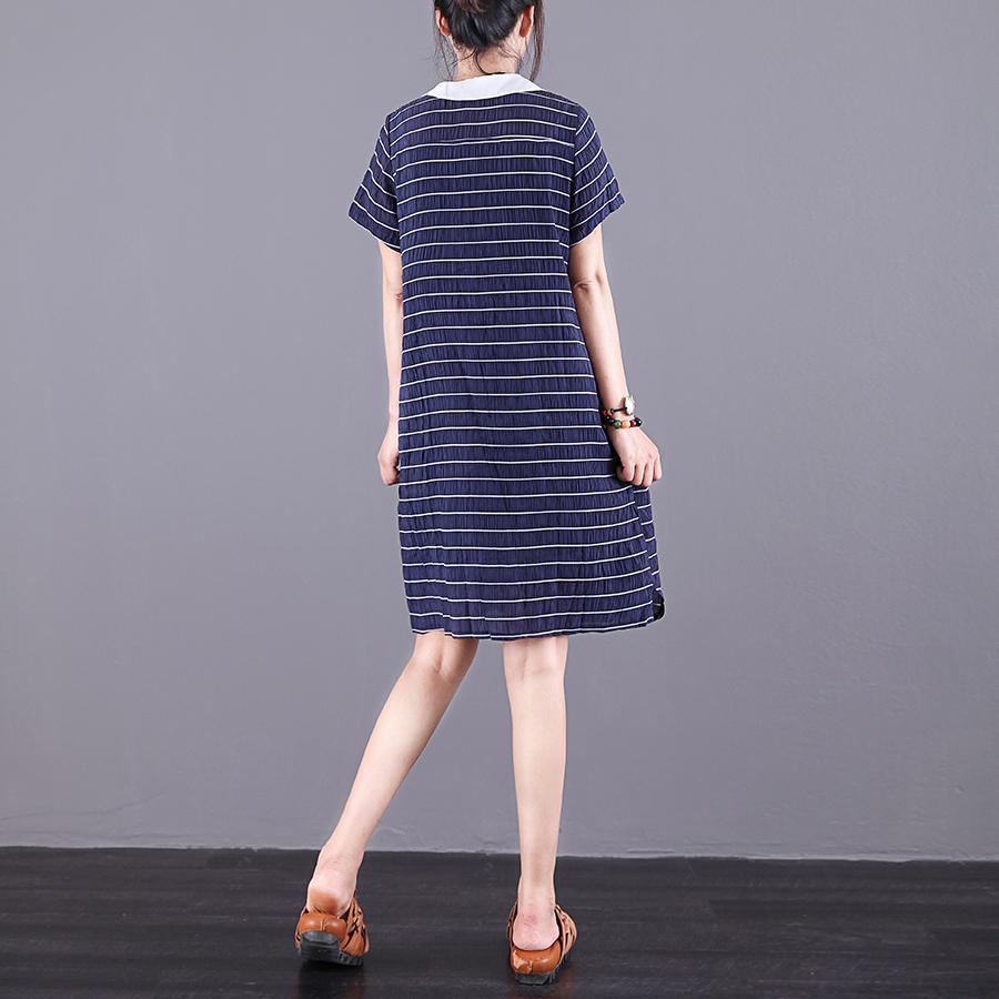 Classy short sleeve wrinkled outfit blue striped Dress patchwork summer - Omychic