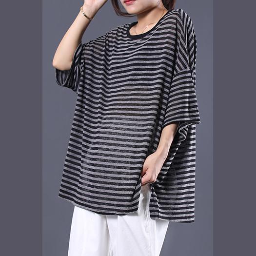 Classy side open cotton Long Shirts Tunic Tops black striped o neck blouse summer - Omychic
